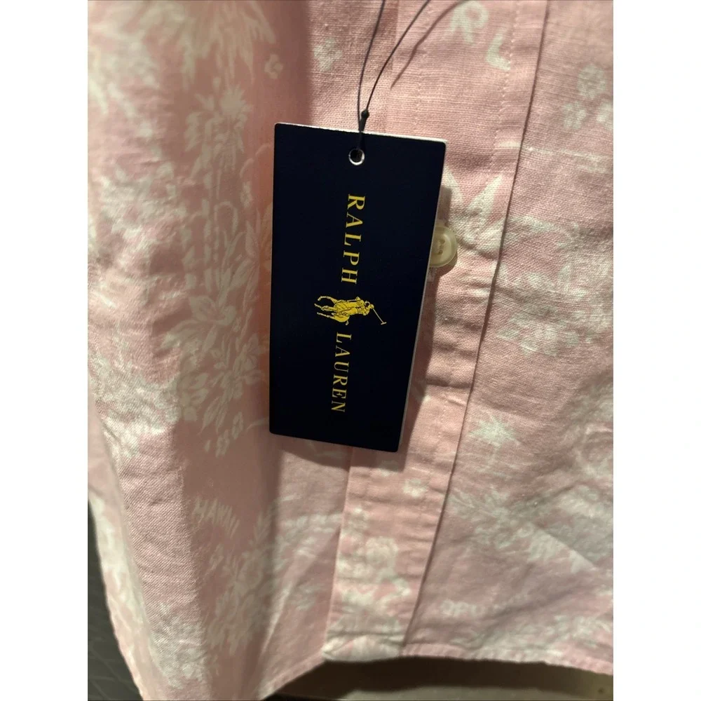 Polo Ralph Lauren Shirt Men L Pink Hawaiian Cotton Linen Classic Fit Button Up